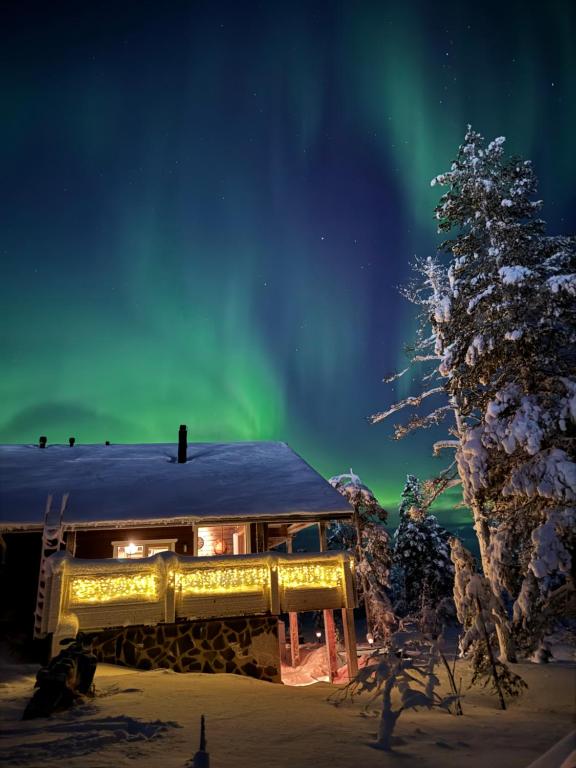 a cabin with a tree and the aurora in the sky at Villa Utsuntuisku in Levi