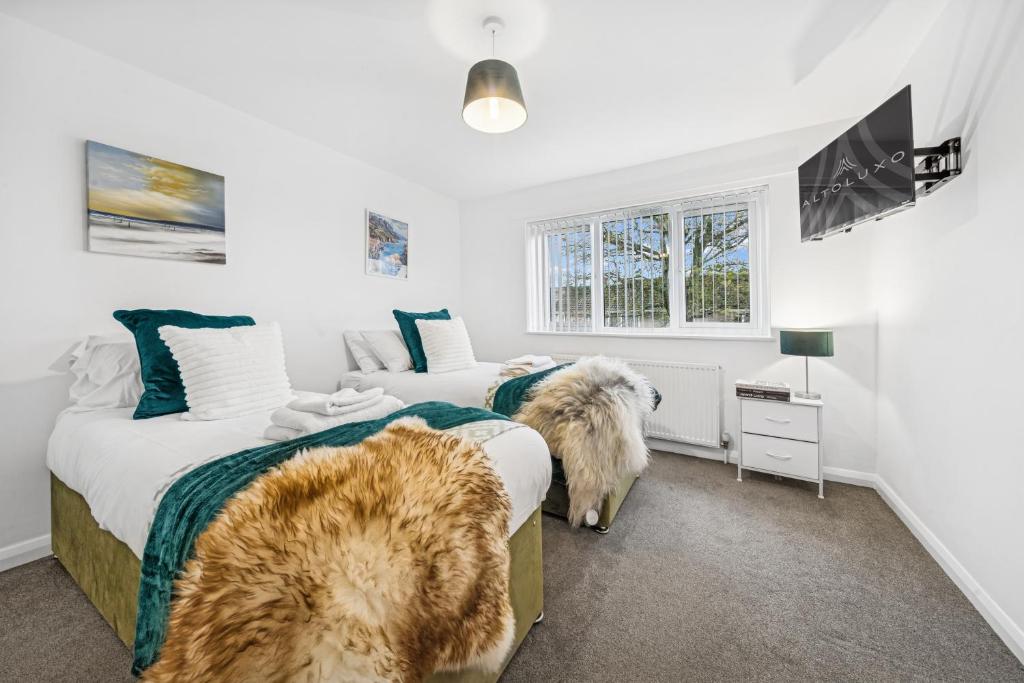 deux chiens debout dans une chambre avec deux lits dans l'établissement Windrush Court, The Spacious & Comfy 3BR House By AltoLuxo Short Lets & Serviced Accommodation With Free WiFi & Parking, à Thornbury
