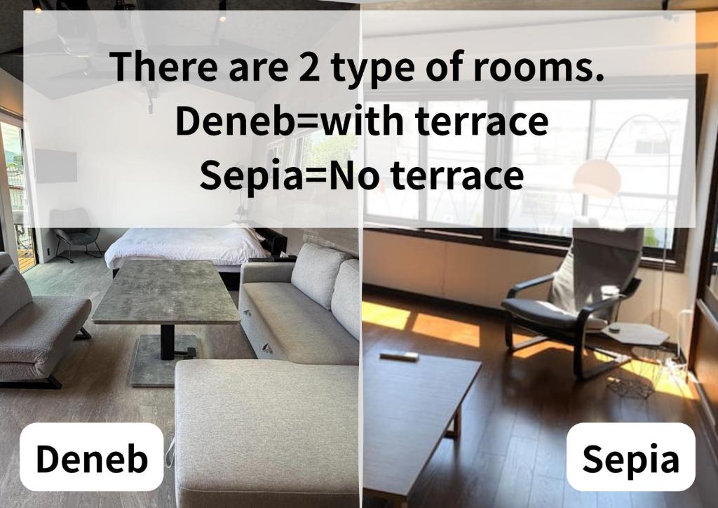 two pictures of a living room with a couch and a table at Room 2type Fuji Trip House Sepia 3F and Deneb 4F in Azagawa