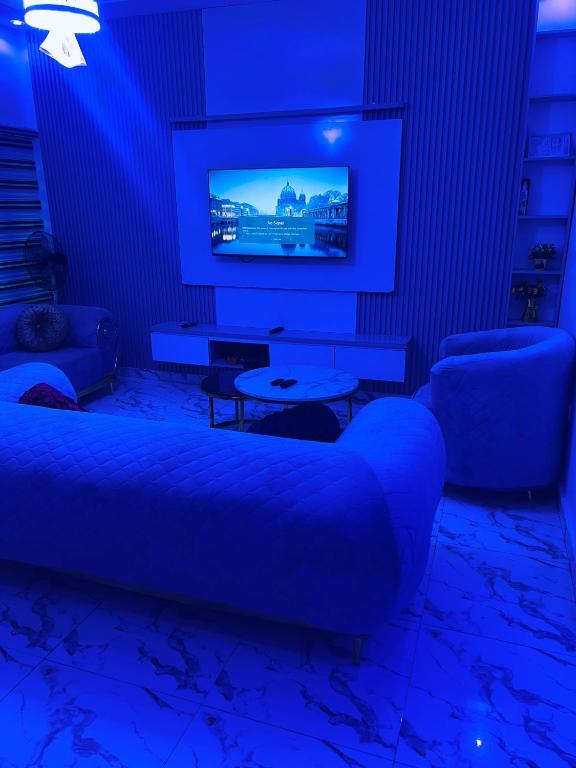 Una sala de estar con un sofá y un televisor en T Apartment, en Ogijo