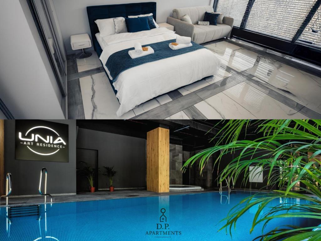 a hotel room with a bed and a swimming pool at Prestige Luxury Spa Suite- Basen, Jacuzzi, Sauna & Prywatne Miejsce Parkingowe in Lublin