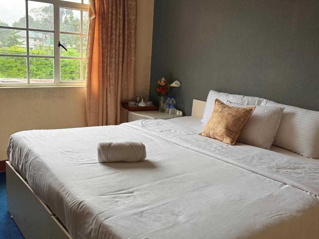 una camera da letto con un grande letto bianco con una finestra di Grand Nauro villa a Nuwara Eliya