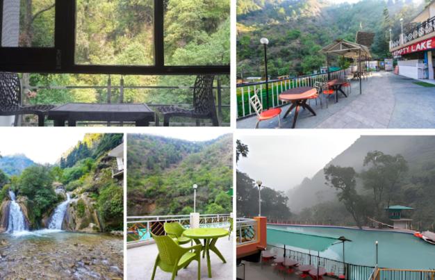 a collage of photos of a waterfall and a restaurant at Kempty Lake Waterfall Resort - Run by Anaysha Group in Mussoorie