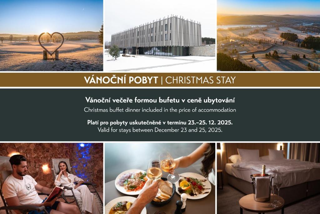 un collage de photos d'un hôtel avec de la nourriture dans l'établissement Amenity Hotel & Resort Česká Kanada, à Nová Bystřice