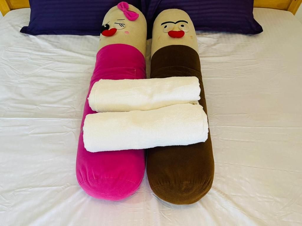 KamburugamuwaにあるMoon View Home stayのベッドの上に人形と靴下2足