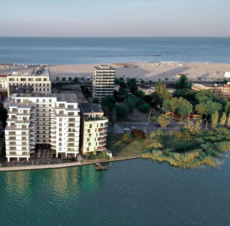 an aerial view of a resort on the water at Ianmamaia in Mamaia