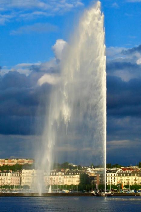 日内瓦Léman Chic的水中央有一个大型喷泉