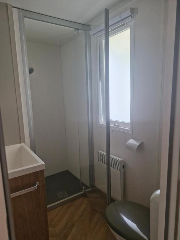 un bagno con un water, un lavandino e una finestra di Vacances contis plage a Saint-Julien-en-Born