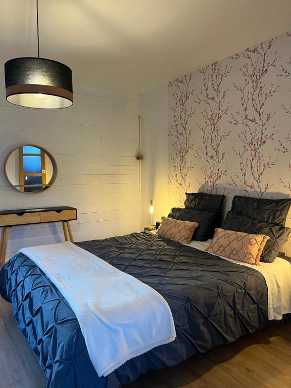 a bedroom with a large bed and a mirror at Au Gray du temps suspendu in Pleslin-Trigavou