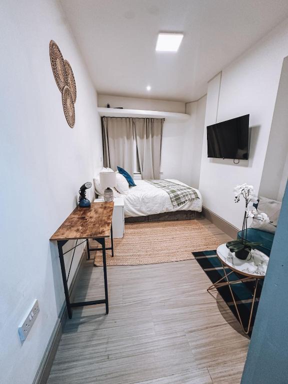 Una televisión o centro de entretenimiento en Spacious Studio In The Heart of Ealing Broadway