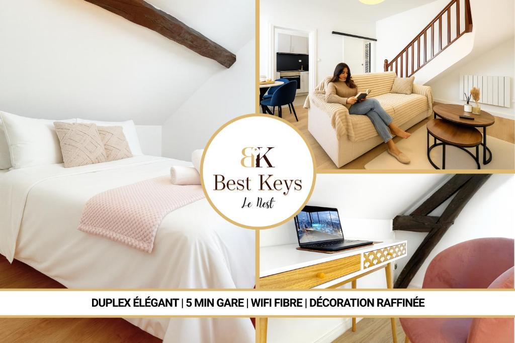 eine Collage aus Bildern einer Frau, die in einem Sessel in einem Schlafzimmer sitzt in der Unterkunft Le Nest in La Celle-sous-Gouzon