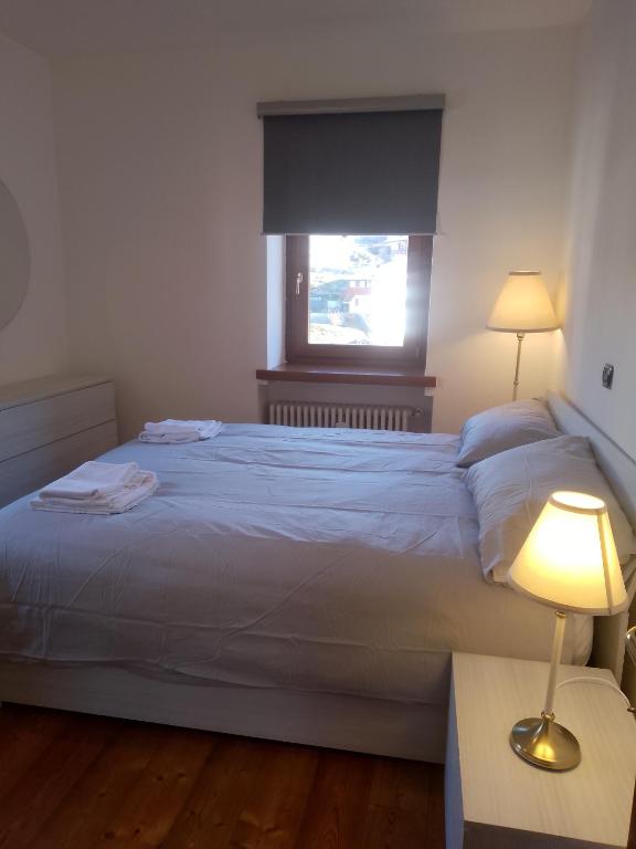 ein Schlafzimmer mit einem Bett mit einer Lampe und einem Fenster in der Unterkunft Dolomiti Apartment in Domegge di Cadore