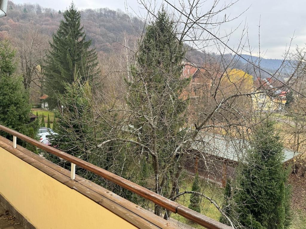 einen Blick auf die Bäume vom Balkon mit einem Zaun in der Unterkunft Унікальні двокімнатні апартаменти класу ЛЮКС in Solotschyn