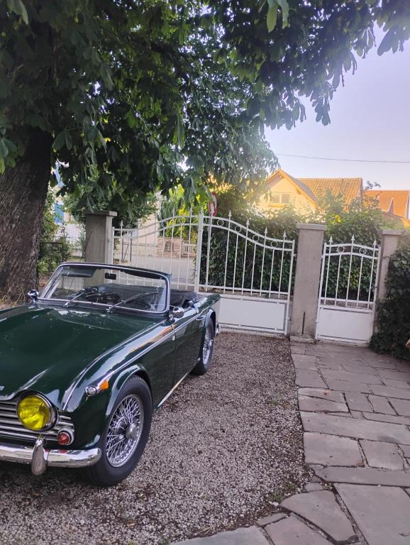 ein grünes Auto, das vor einem Zaun parkt in der Unterkunft Gîte avec parking, au calme, entre Colmar-Riquewihr et Obernai ,marchés de Noël, 3 chambres, avec terrasse in Châtenois