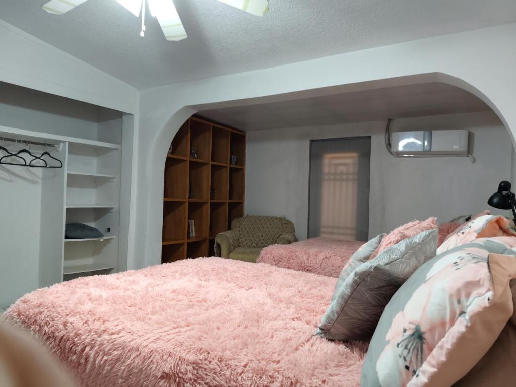1 Schlafzimmer mit 2 Betten und einer rosa Decke in der Unterkunft la casa de la tia Lucita in Ciudad Juárez