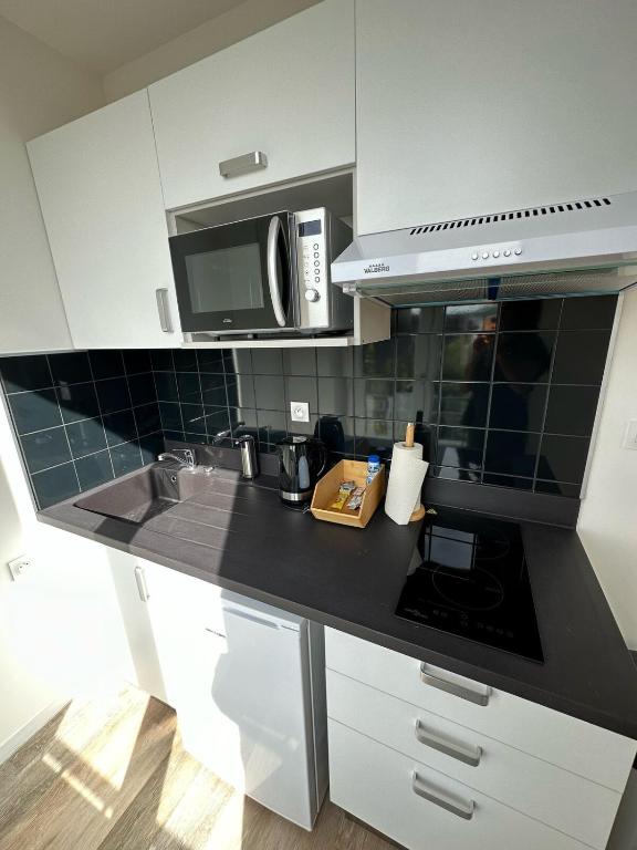 a kitchen with a sink and a microwave at Bright luxury apartment 26 in Hirson