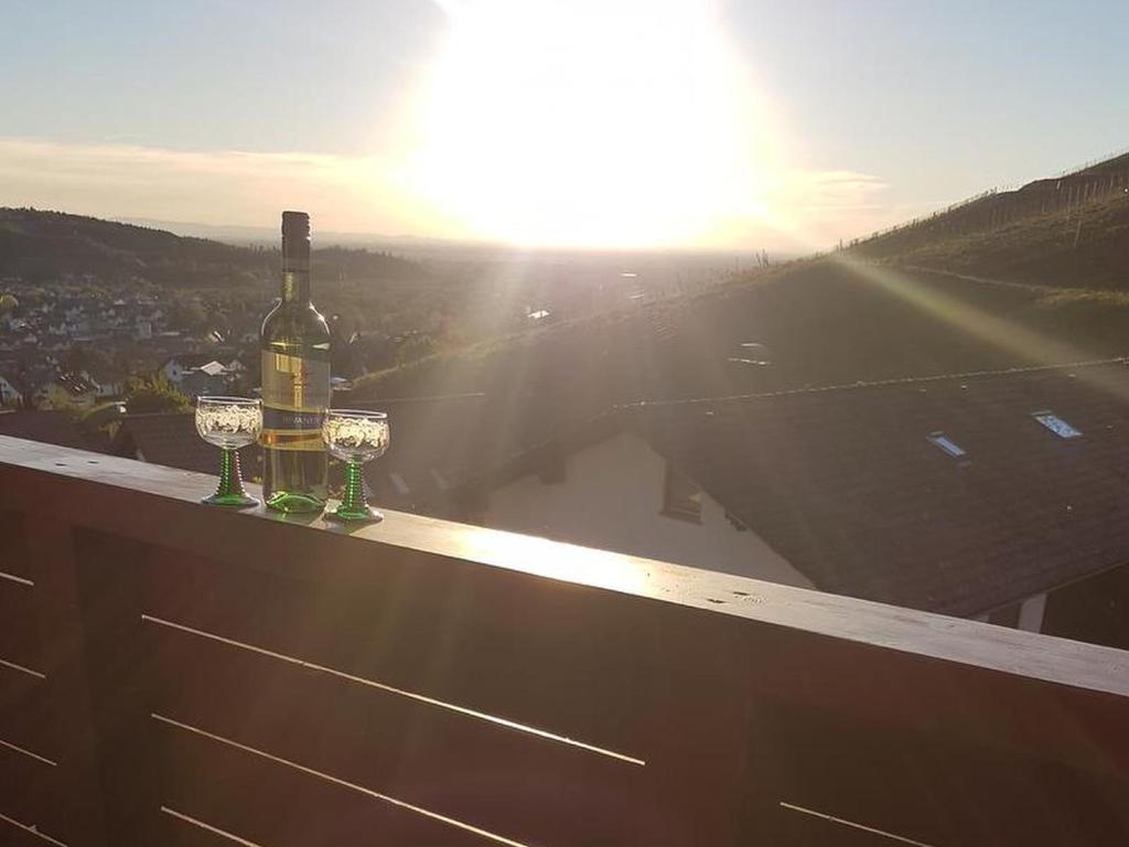 - une bouteille de vin et deux verres sur une livre dans l'établissement Ferienwohnung Kappelblick, à Kappelrodeck