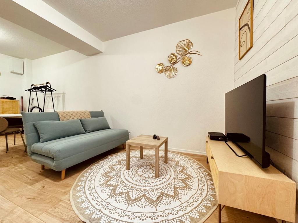a living room with a blue couch and a tv at Appartement neuf 4 prsn Au cœur du Centre Ville in Besançon