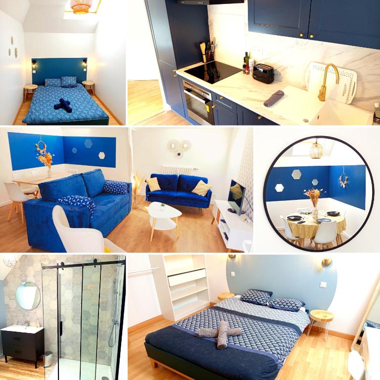 a collage of four pictures of a room at Escapade, T3 Proche gare in Cholet