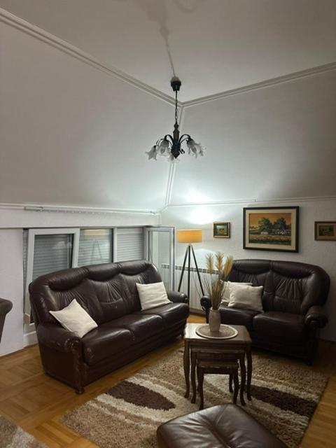 洛兹尼察Apartman Loznica Centar的客厅里有两张皮沙发和一张桌子