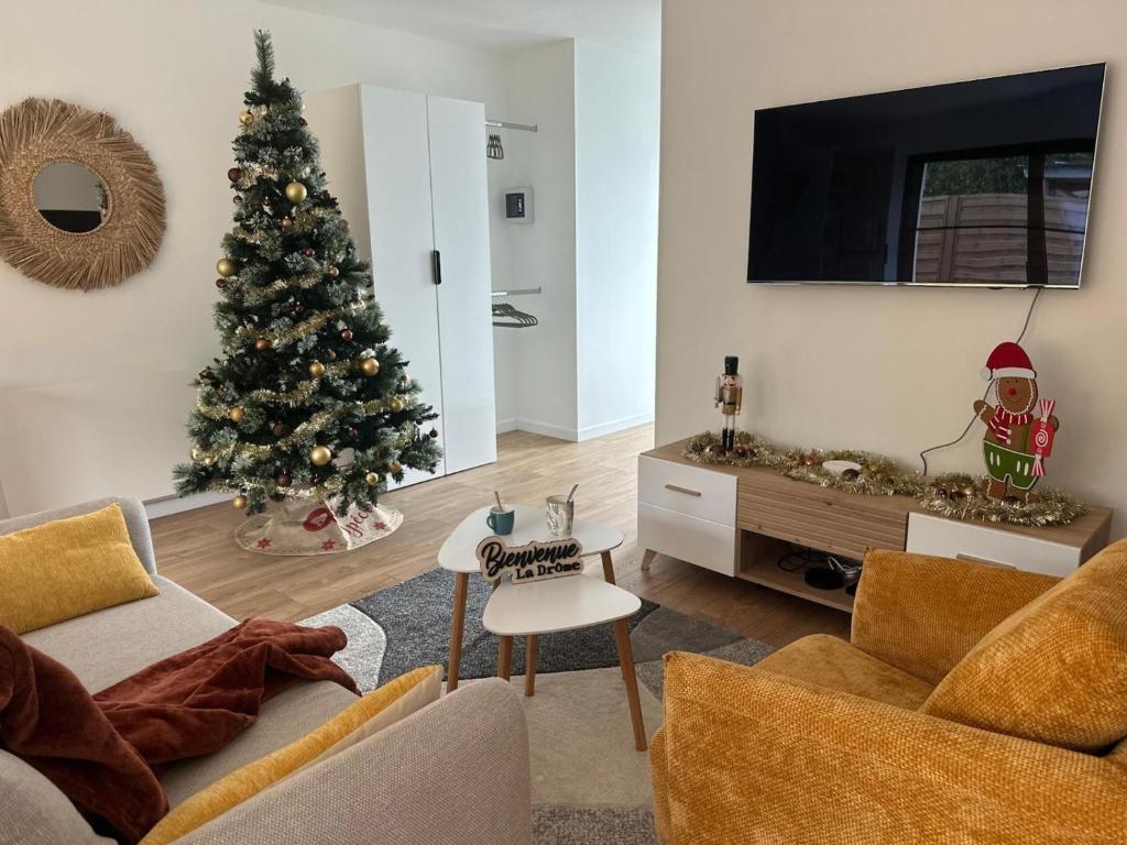 ein Wohnzimmer mit einem Weihnachtsbaum und einem TV in der Unterkunft La Drôme - Gîtes du Bessin in Balleroy