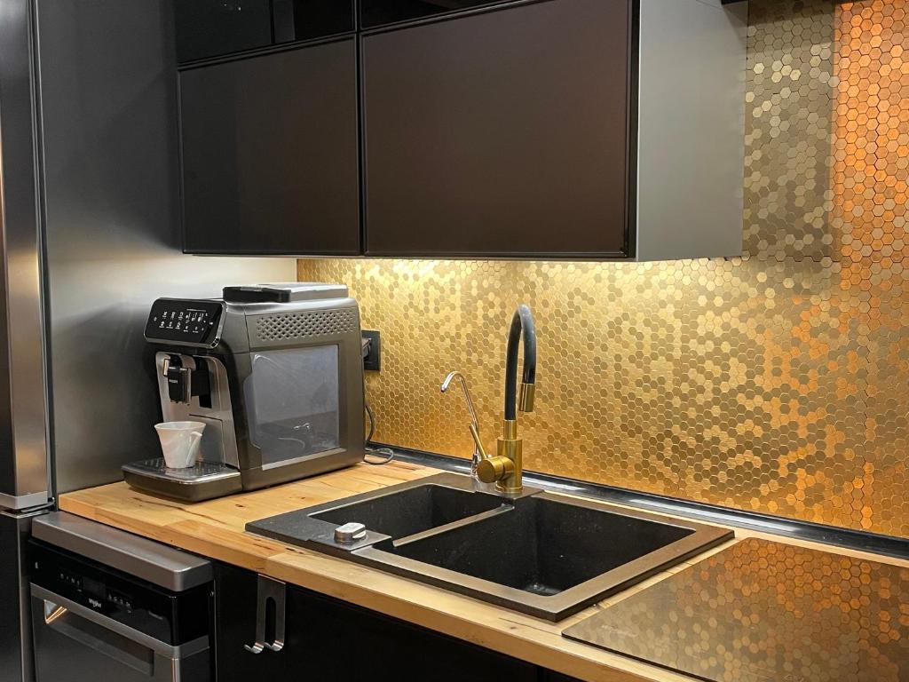 Kuchyň nebo kuchyňský kout v ubytování Samsara Domek koło Międzygórza Z sauną i klimatyzacją