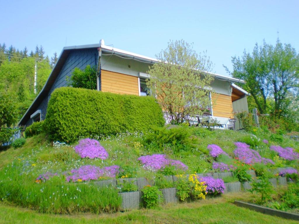 a house with a garden with purple flowers at Heatable Pool Retreat in Neuhaus am Rennweg