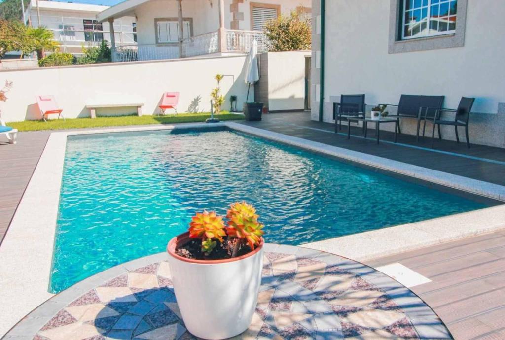 ein Schwimmbecken mit einem Blumentopf auf einem Tisch daneben in der Unterkunft Casa Gloria in Paço Vedro de Magalhães