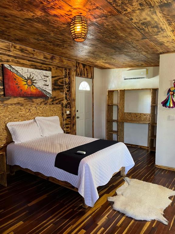 阿瓜斯卡连特斯Hotel Habitare mini的一间设有一张床铺的卧室,位于一个拥有木制天花板的房间