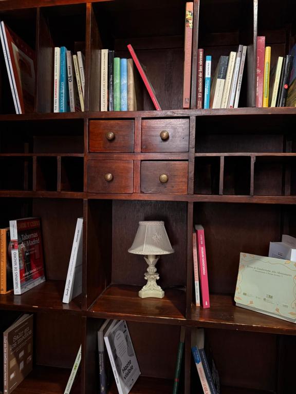 une étagère avec une lampe au-dessus dans l'établissement El Encanto de Miraflores, à Miraflores de la Sierra