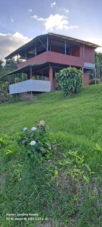a house with a green field in front of it at cabaña Carol in Rio Celeste