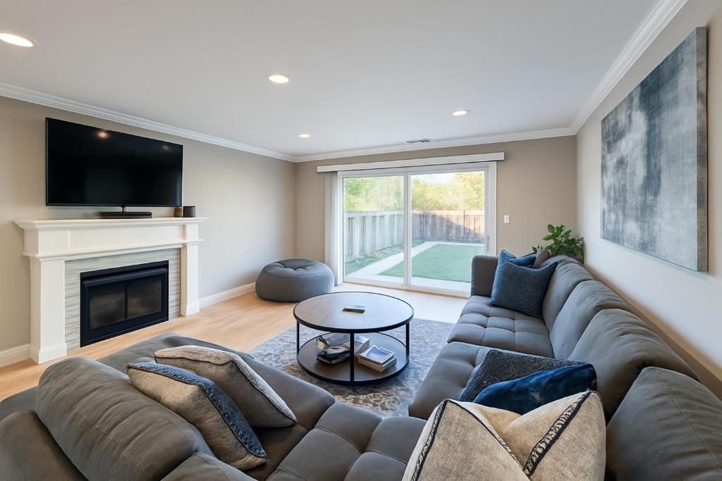 ein Wohnzimmer mit Couch und Kamin in der Unterkunft @ Marbella Lane Seaside Retreat, Walk to the Beach in Half Moon Bay