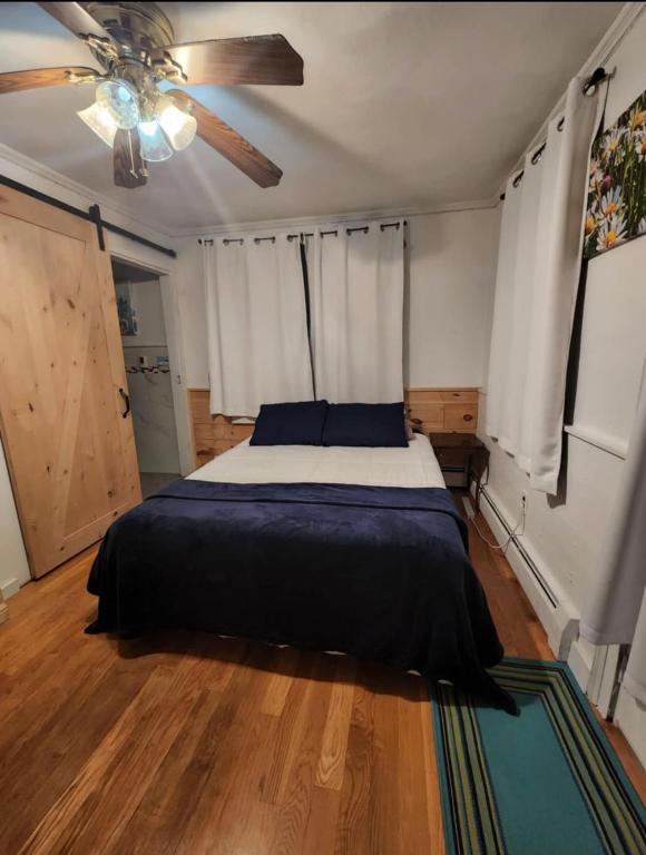a bedroom with a bed and a ceiling fan at Quiet, Convenient Studio Andover Merrimack Valley - Long Stays Only in Andover