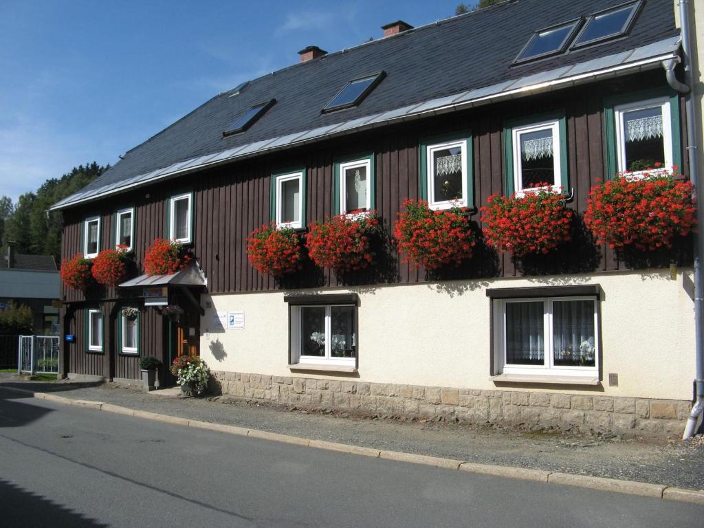 a building with flower boxes on the side of it at Ferienwohnung Wild in Klingenthal
