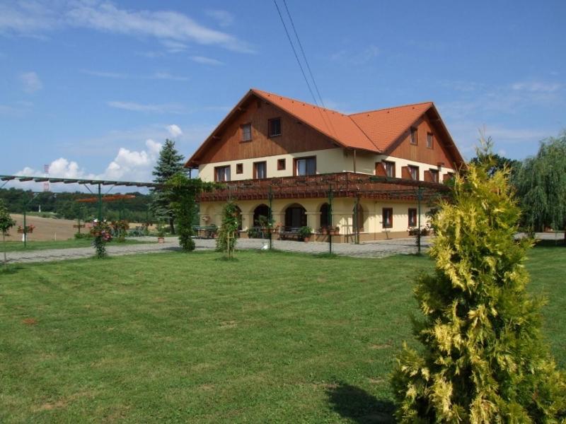 a large house with a green yard in front of it at Dedesi Vendégház Zalalövő in Zalalövő