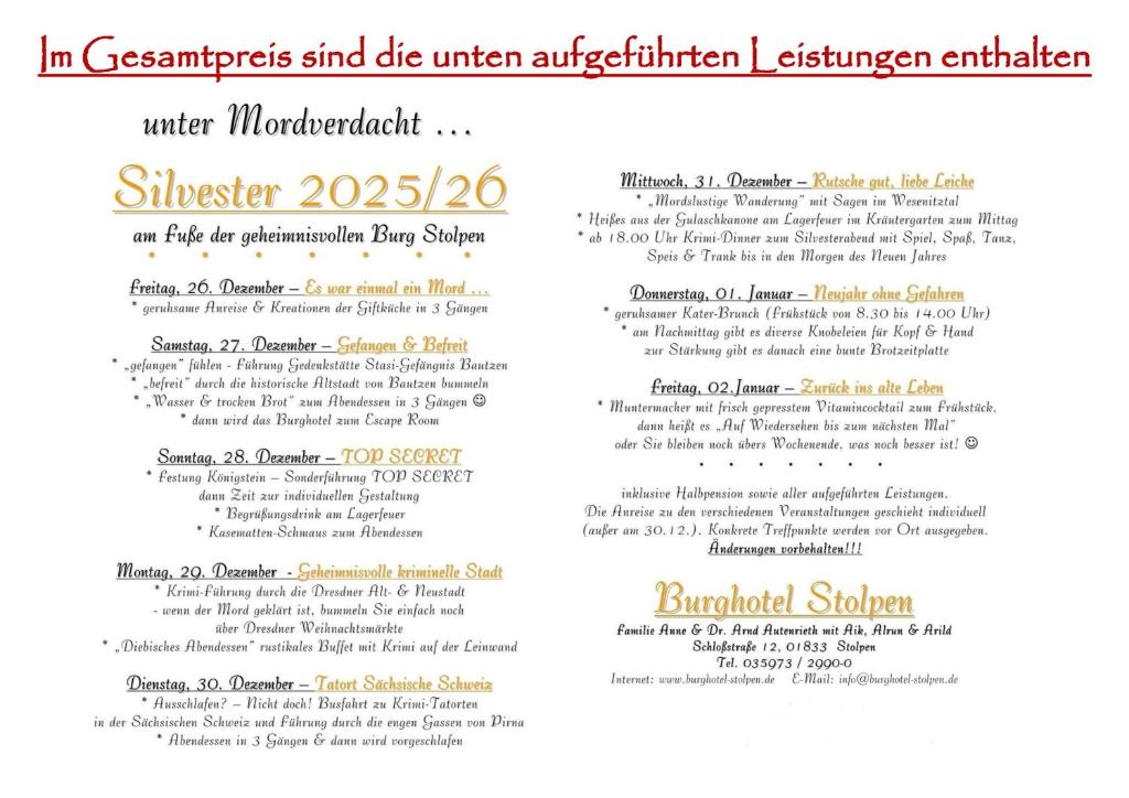 uma página de um menu para um restaurante em Burghotel Stolpen em Stolpen