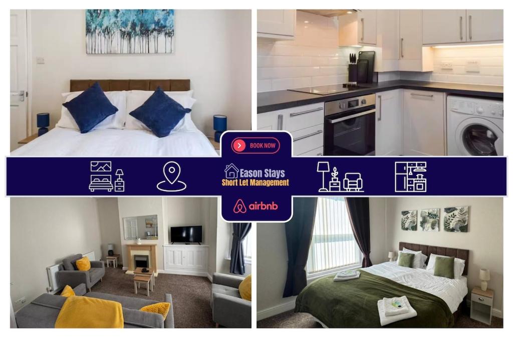 a collage of three pictures of a bedroom and a living room at 3BR House By Eason Stays Short Lets & Serviced Accommodation Preston With Free Parking in Preston