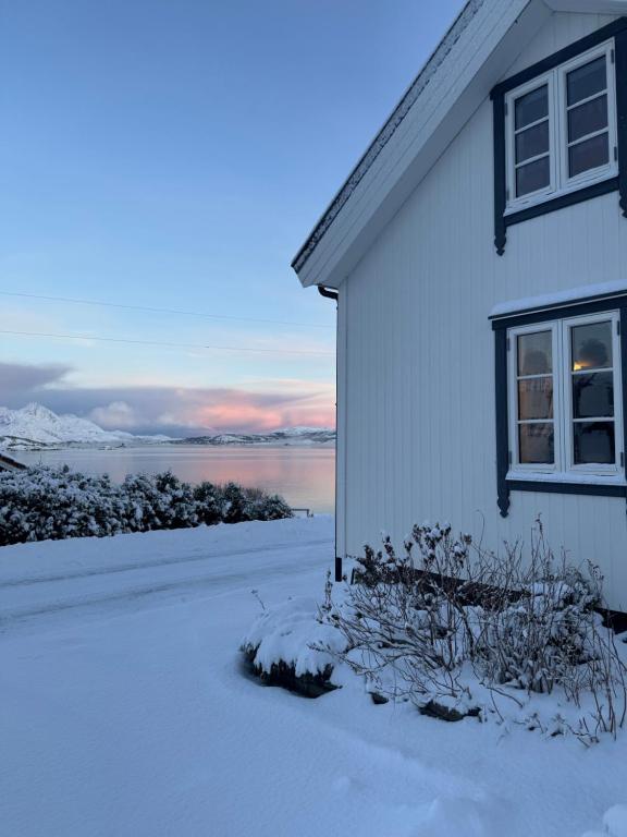 Traditional Nordlandshus in Lofoten - Sea and Mountain View في Vestvågøya: بيت ابيض فيه ثلج جنبه