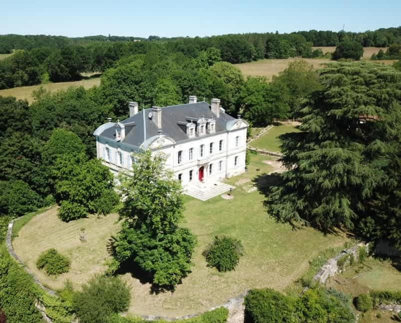 an aerial view of a large white house with trees at Dordogne Chateau with Pool & Garden Sleeps 14 villa in Bourdeilles