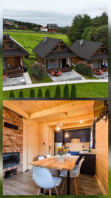 索利纳Chaty Trzy 731-950-635的两张房屋照片,照片中可以看到餐厅和餐桌。