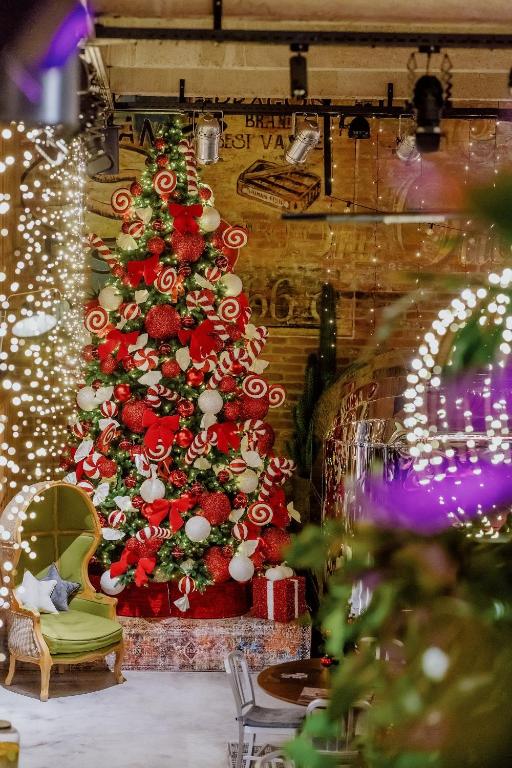 卢布尔雅那ONE66 Hotel的房间里有一棵圣诞树，周围摆放着圣诞装饰品。