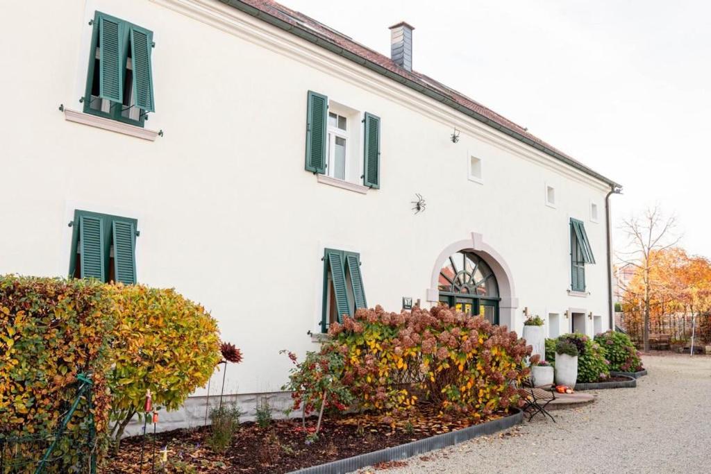 un bâtiment blanc avec des fenêtres à volets verts et des buissons dans l'établissement Saar-Lor-Lux-Perle, à Merzig