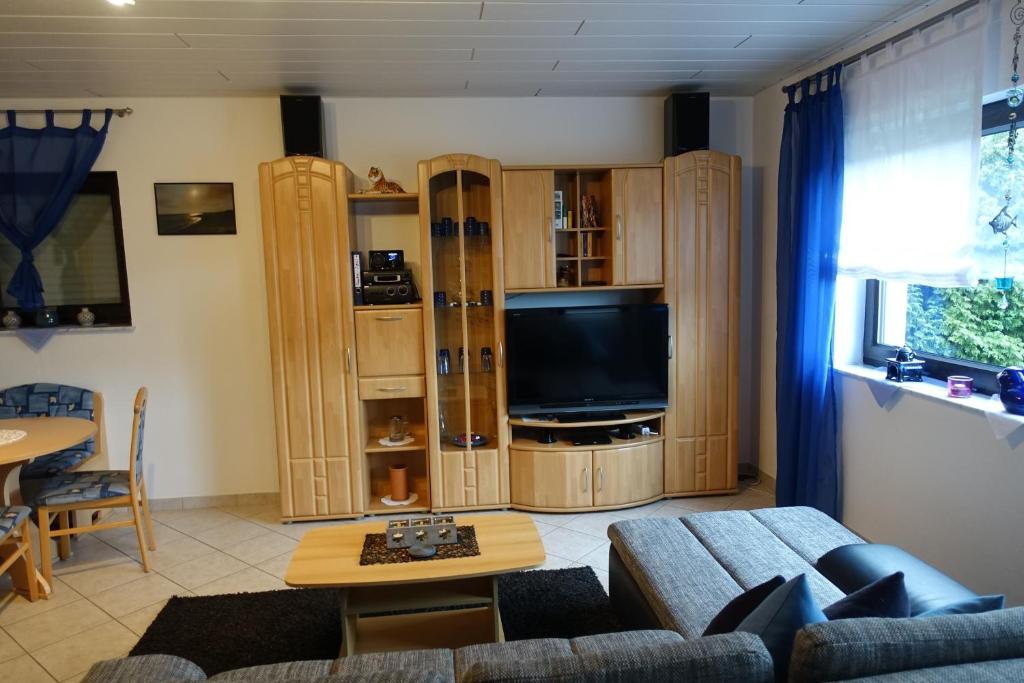 ein Wohnzimmer mit Sofa und Fernseher in der Unterkunft Barrierefreie Ferienwohnung mit Terrasse und überdachtem Grillplatz und Garten zur gemeinschaftlichen Nutzung in Osterbrücken