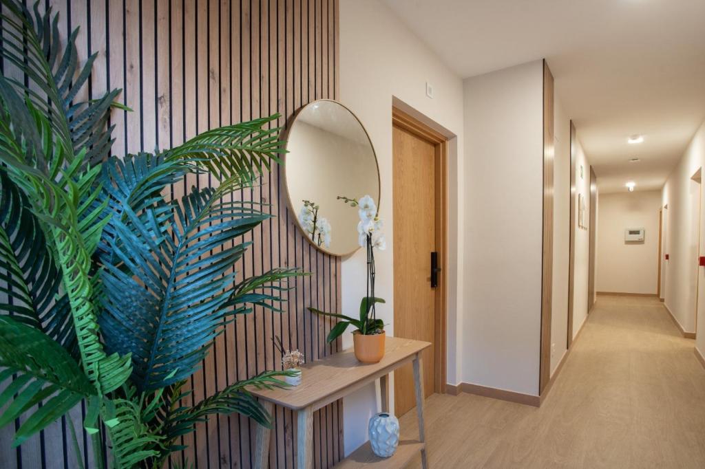 einen Flur mit Spiegel und Pflanzen an der Wand in der Unterkunft ITURRIONDO by Urdaibai Experience in Gernika