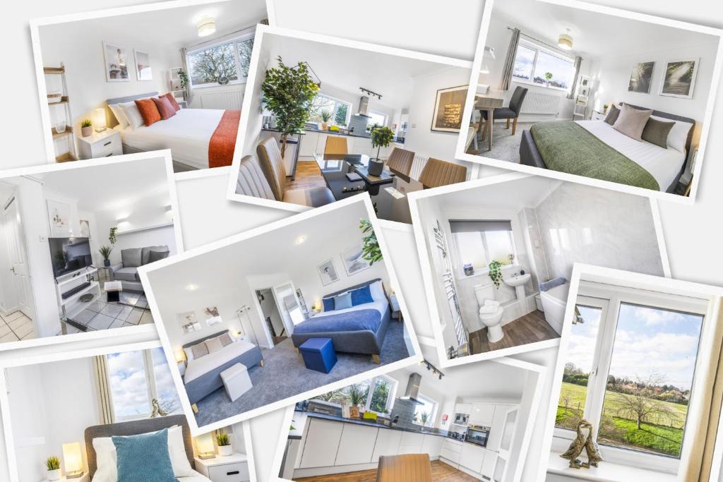 eine Collage aus Fotos eines Hauses in der Unterkunft 4 Bedroom Elegant House Near Peterborough City Center with Free Parking - Angus Suites by Contractor Lettings in Peterborough