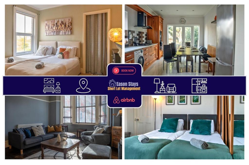 a collage of three pictures of a bedroom and a living room at 6 BDR House By Eason Stays Short Lets & Serviced Accommodation Derby With Free Parking in Derby