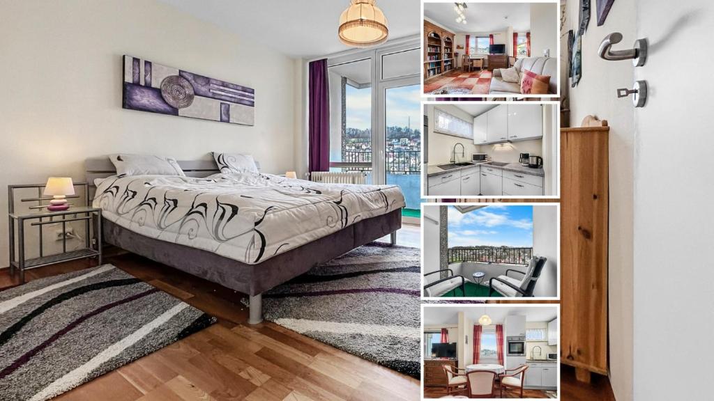 a bedroom with a bed and a window at Ausblick Spessart Ferienwohnung nähe Therme und Salzgrotte in Bad Soden-Salmünster