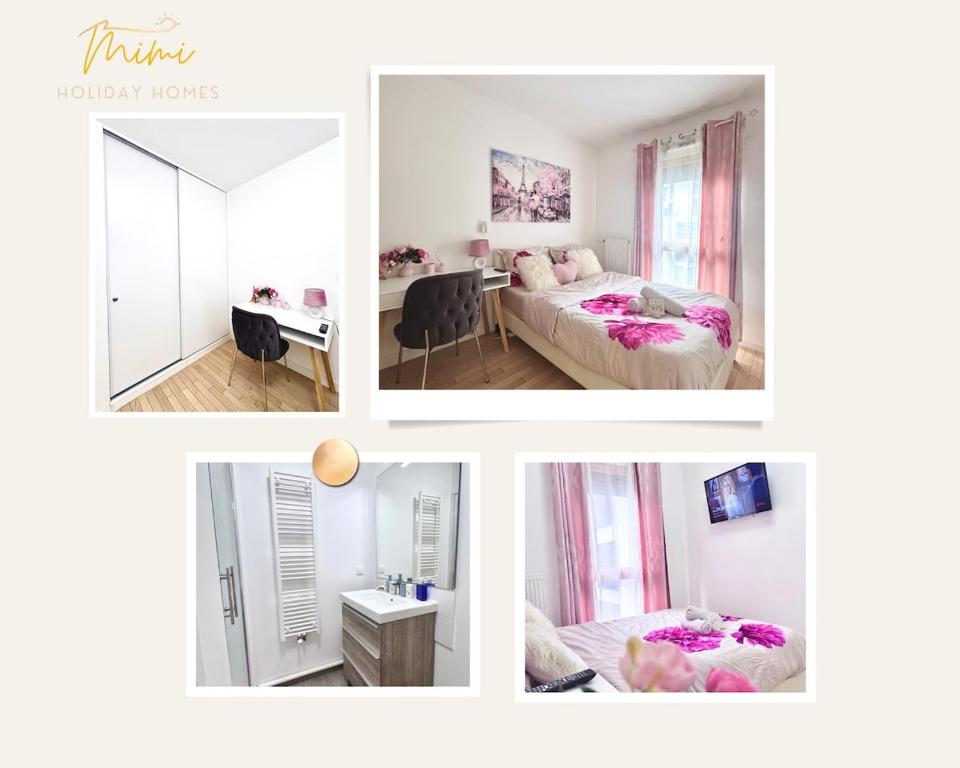 a collage of four pictures of a bedroom at Arena Paris La Défense in Nanterre