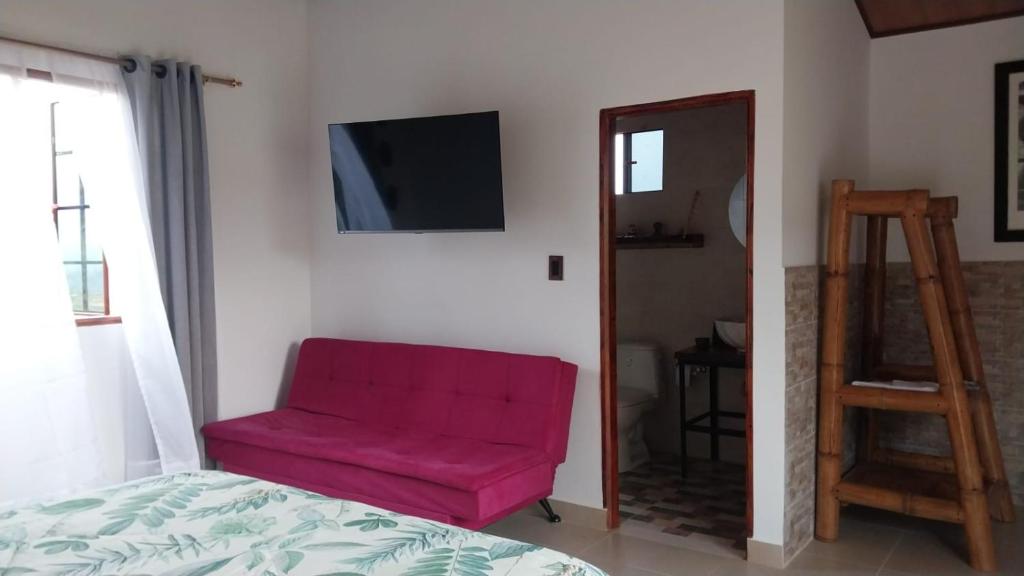 ein rosa Sofa in einem Zimmer mit einem Fernseher in der Unterkunft Cabañas Villa Luz in San Agustín