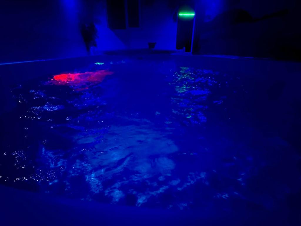 a pool of water with a blue and red light at Apartament WODNY RAJ Z BASENEM SAUNĄ JACUZZI NA WYŁĄCZNOŚĆ in Rzeszów